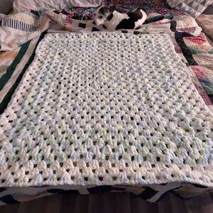 Handmade Chunky Crochet Baby Blanket - Variegated Blue, Green And White